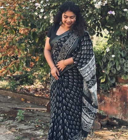 Generic Women's Linen Printed Saree With Unstitched Blouse - 5.5 Mtr (Black)