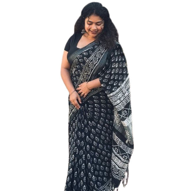 Generic Women's Linen Printed Saree With Unstitched Blouse - 5.5 Mtr (Black)