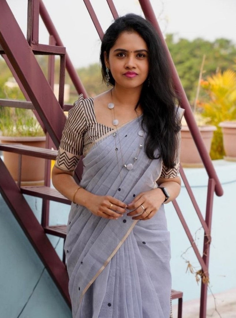 Generic Women's Linen Striped Saree With Unstitched Blouse - 5.5 Mtr (Grey)