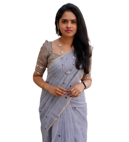 Generic Women's Linen Striped Saree With Unstitched Blouse - 5.5 Mtr (Grey)