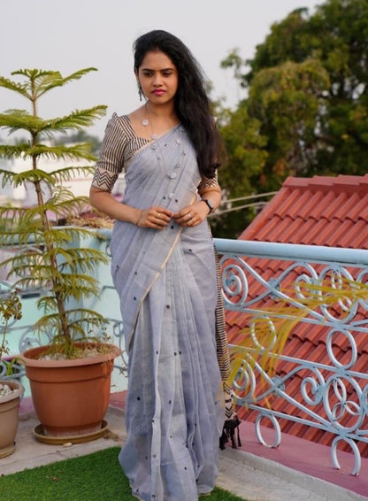 Generic Women's Linen Striped Saree With Unstitched Blouse - 5.5 Mtr (Grey)