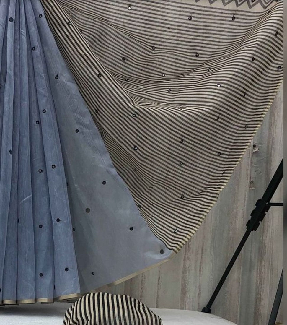 Generic Women's Linen Striped Saree With Unstitched Blouse - 5.5 Mtr (Grey)