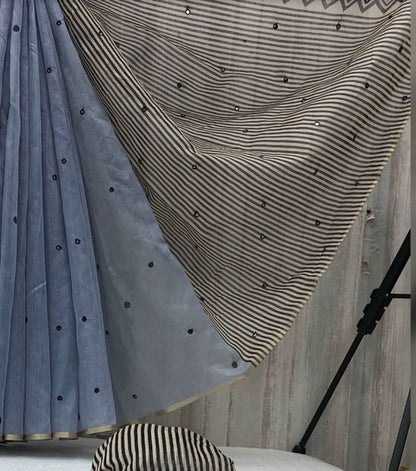 Generic Women's Linen Striped Saree With Unstitched Blouse - 5.5 Mtr (Grey)