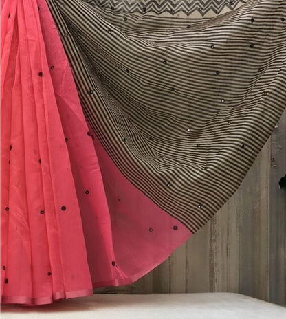 Generic Women's Linen Striped Saree With Unstitched Blouse - 5.5 Mtr (Pink)