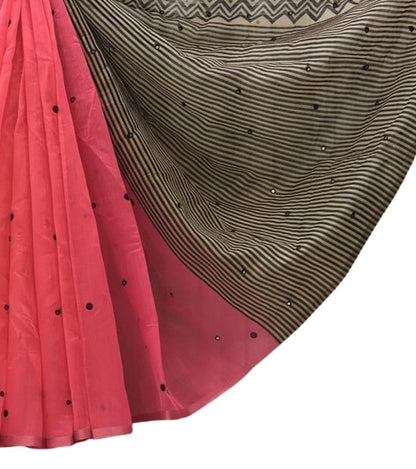 Generic Women's Linen Striped Saree With Unstitched Blouse - 5.5 Mtr (Pink)