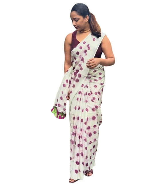 Generic Women's Linen Printed Saree With Unstitched Blouse - 5.5 Mtr (White-Wine)