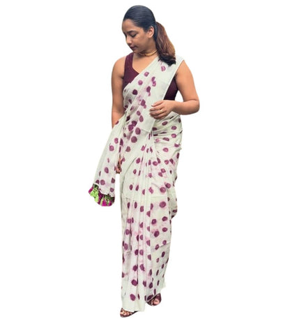 Generic Women's Linen Printed Saree With Unstitched Blouse - 5.5 Mtr (White-Wine)