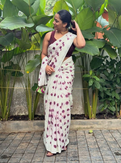 Generic Women's Linen Printed Saree With Unstitched Blouse - 5.5 Mtr (White-Wine)