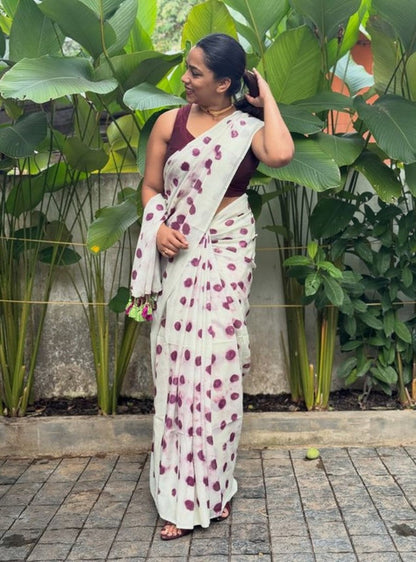 Generic Women's Linen Printed Saree With Unstitched Blouse - 5.5 Mtr (White-Wine)