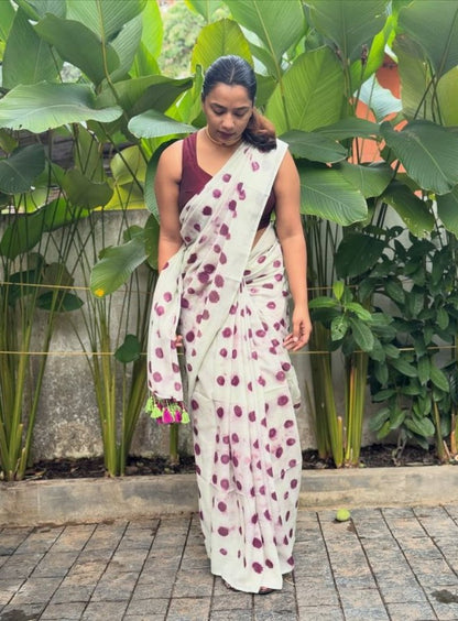 Generic Women's Linen Printed Saree With Unstitched Blouse - 5.5 Mtr (White-Wine)
