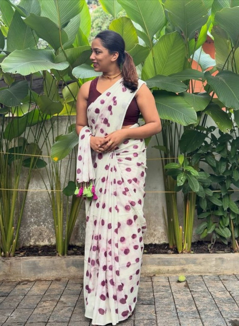 Generic Women's Linen Printed Saree With Unstitched Blouse - 5.5 Mtr (White-Wine)