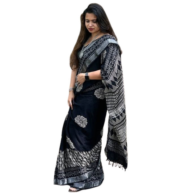 Generic Women's Linen Floral Printed Saree With Unstitched Blouse - 5.5 Mtr (Black)