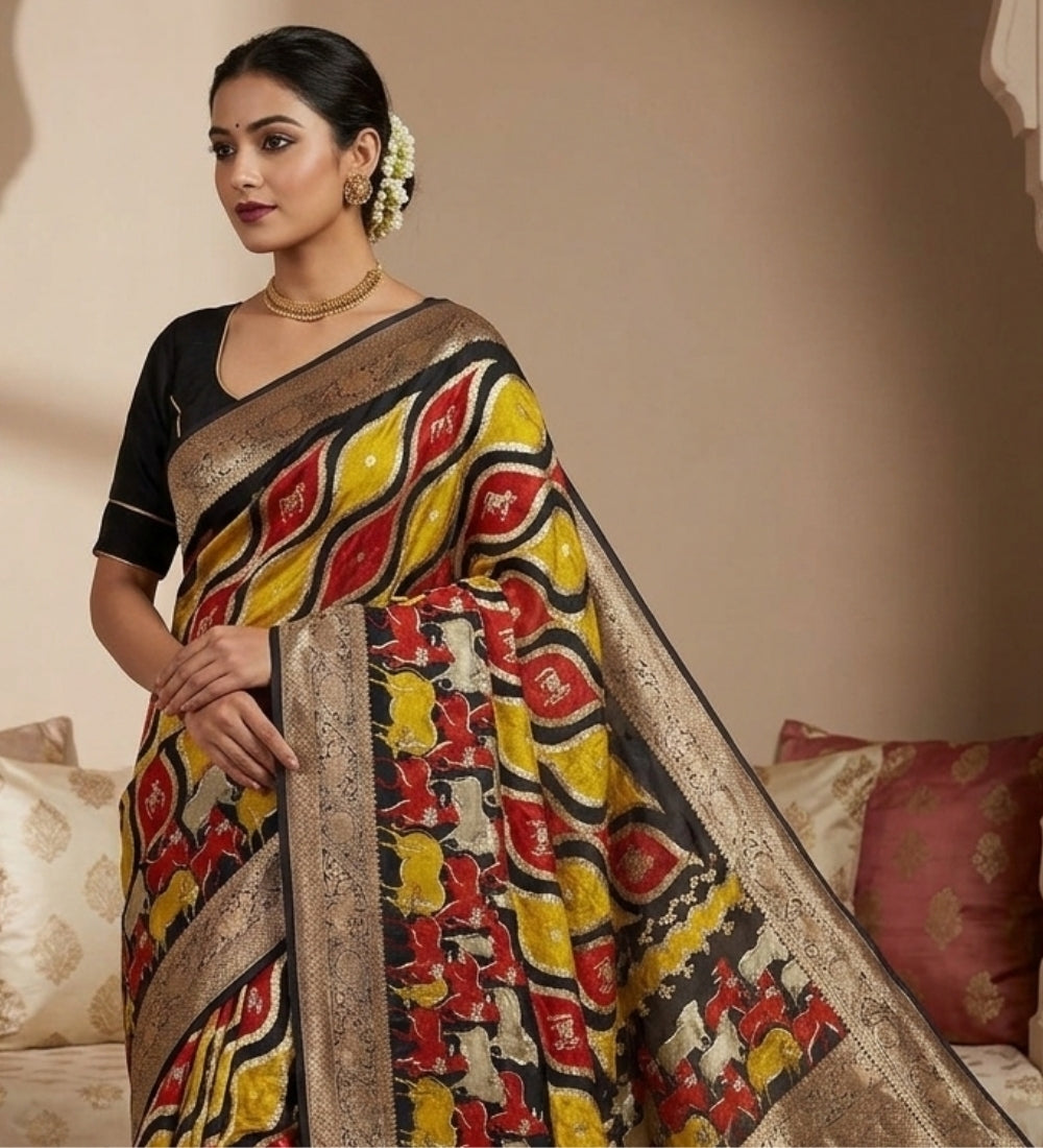 Generic Women's Art Silk Kalamkari Printed Saree With Unstitched Blouse - 5.5 Mtr (Multicolor)
