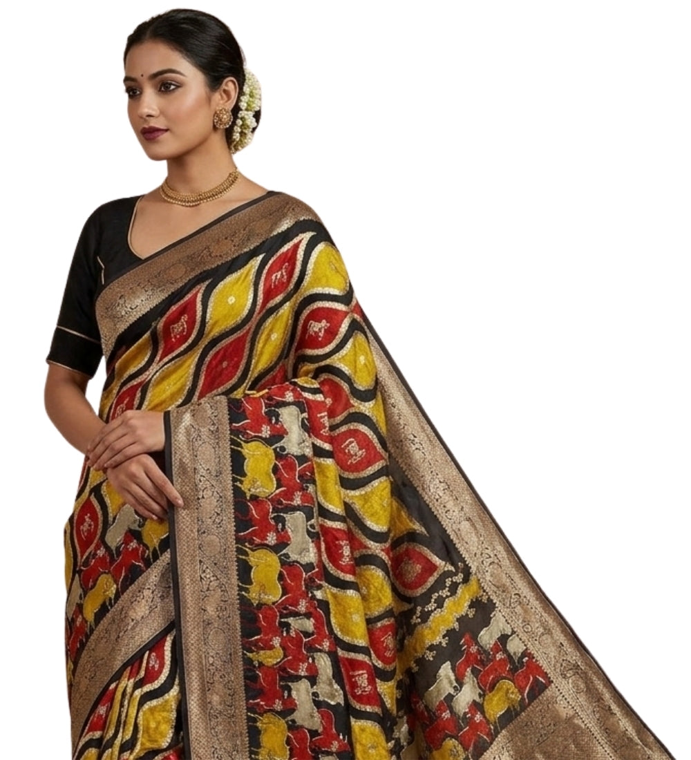 Generic Women's Art Silk Kalamkari Printed Saree With Unstitched Blouse - 5.5 Mtr (Multicolor)