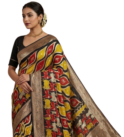 Generic Women's Art Silk Kalamkari Printed Saree With Unstitched Blouse - 5.5 Mtr (Multicolor)