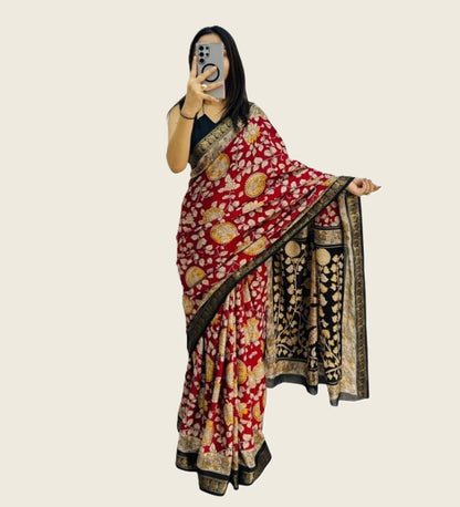 Generic Women's Linen Floral Printed Saree With Unstitched Blouse - 5.5 Mtr (Maroon)