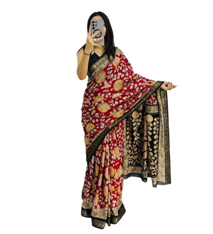 Generic Women's Linen Floral Printed Saree With Unstitched Blouse - 5.5 Mtr (Maroon)