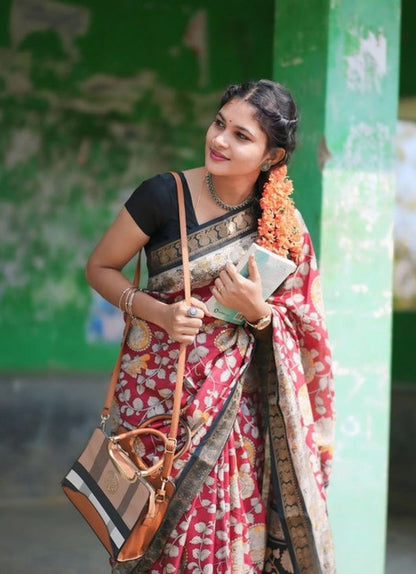 Generic Women's Linen Floral Printed Saree With Unstitched Blouse - 5.5 Mtr (Maroon)