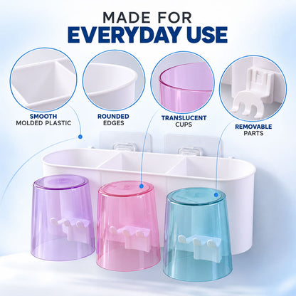 Wall Mounted Toothbrush Holder With 3 Cups And Bathroom Storage (1 Set)