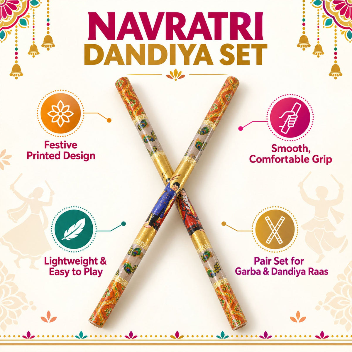 Decorative Wooden Dandiya Stick Pair With Traditional Printed Design