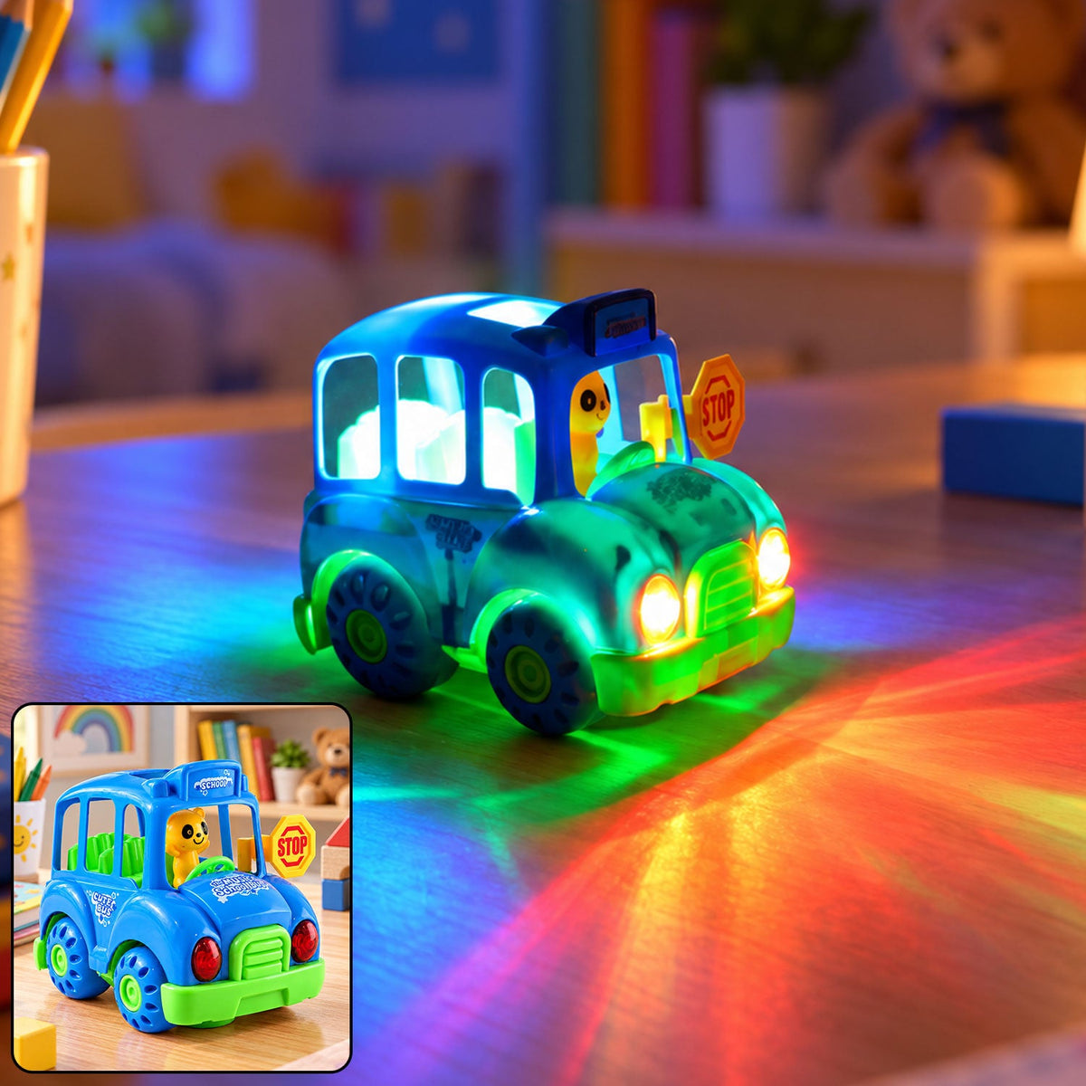 Battery Operated Musical School Bus Toy With Flashing Lights And Motion (1 Pc)