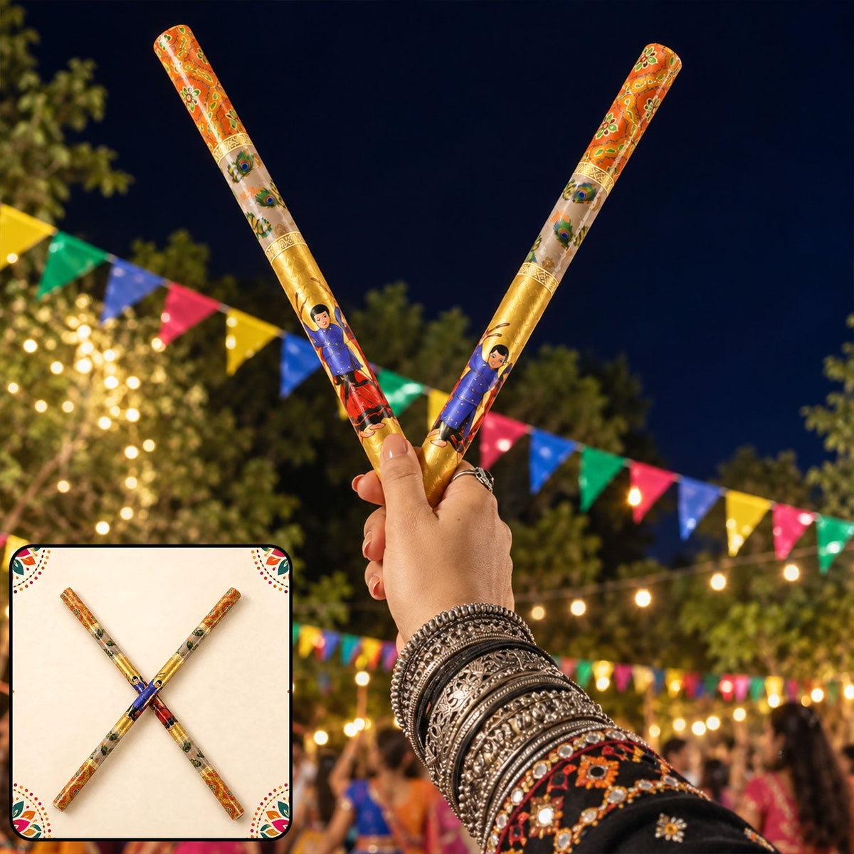 Decorative Wooden Dandiya Stick Pair With Traditional Printed Design
