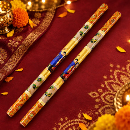 Decorative Wooden Dandiya Stick Pair With Traditional Printed Design