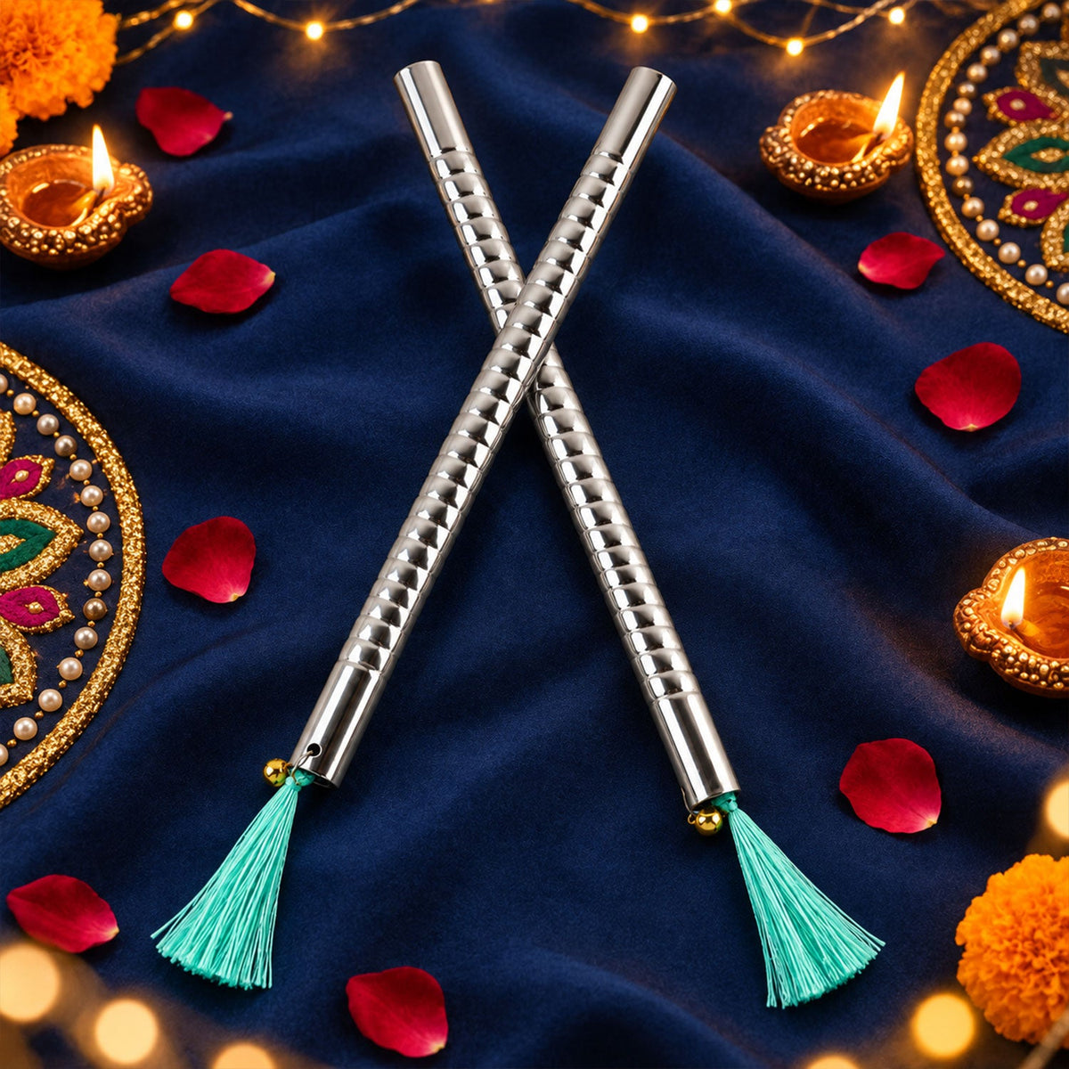 Small Steel Dandiya Stick Pair With Ribbed Grip Tassels And Bell Accents