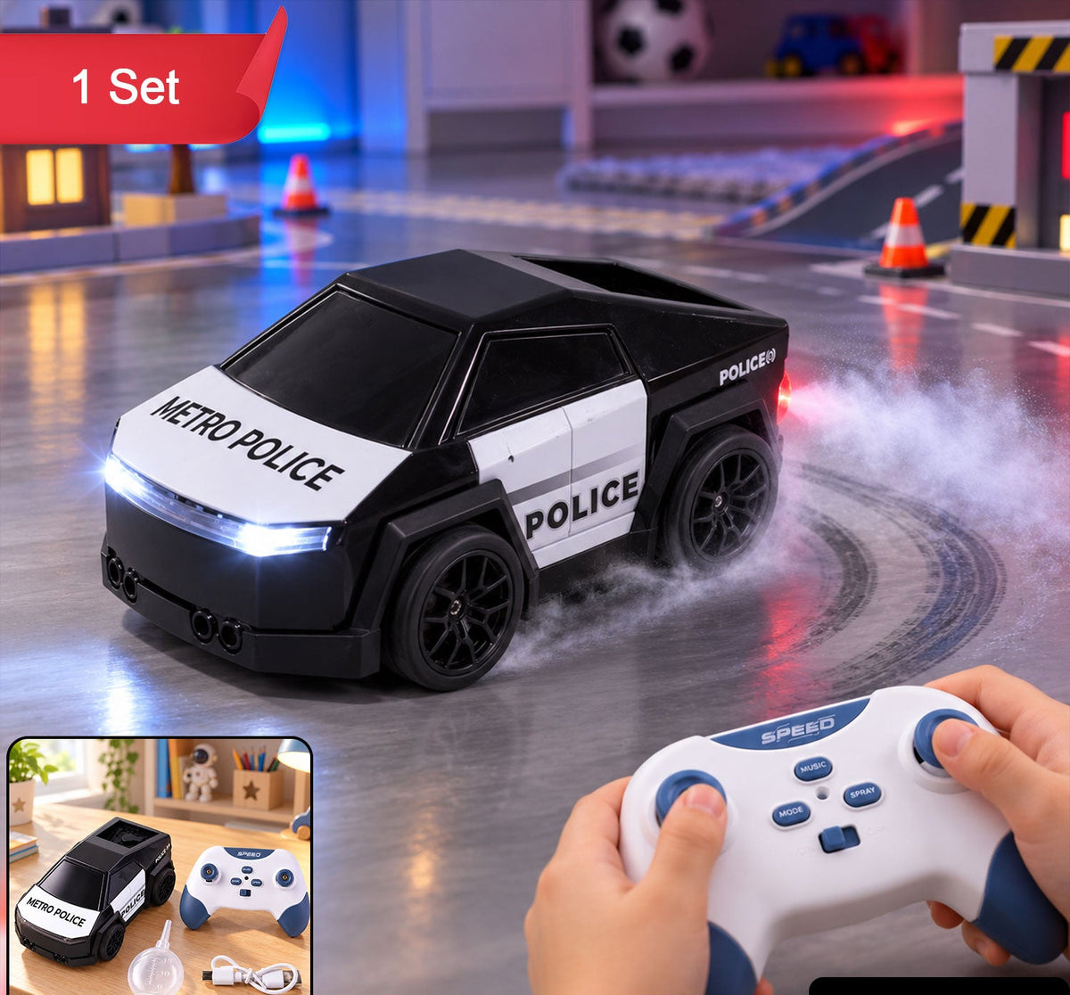 Remote Control Police Drift Car With Follow Modemist Spraylights And Music Set
