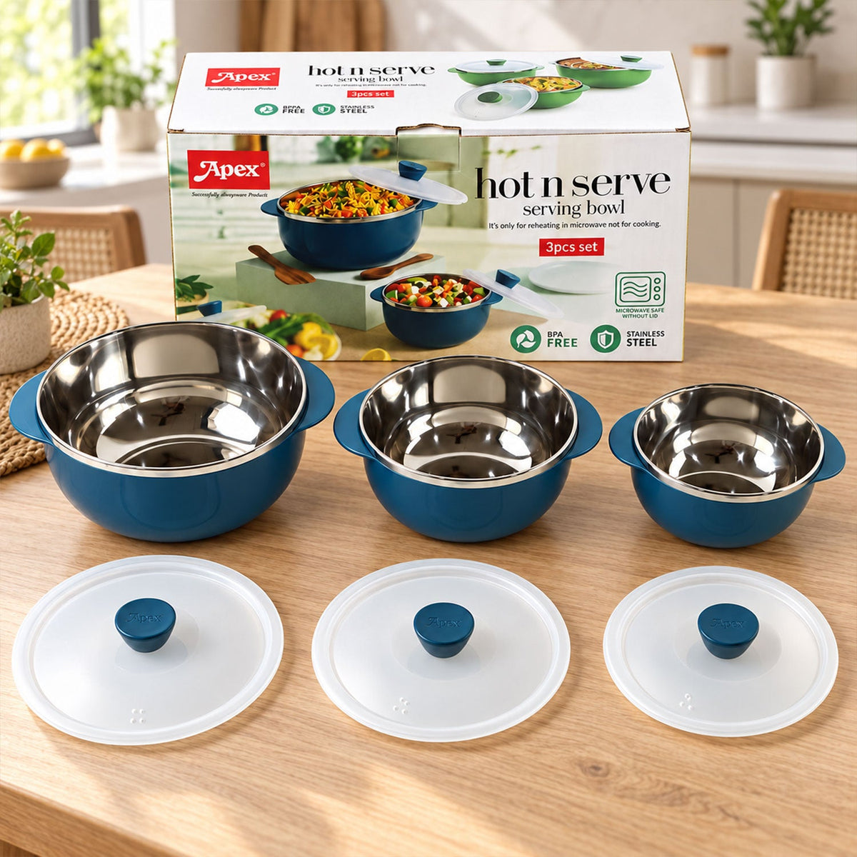 Apex Hot And Serve Serving Bowl Set With Lids Steel Inner Casserole (3 Pc Set)