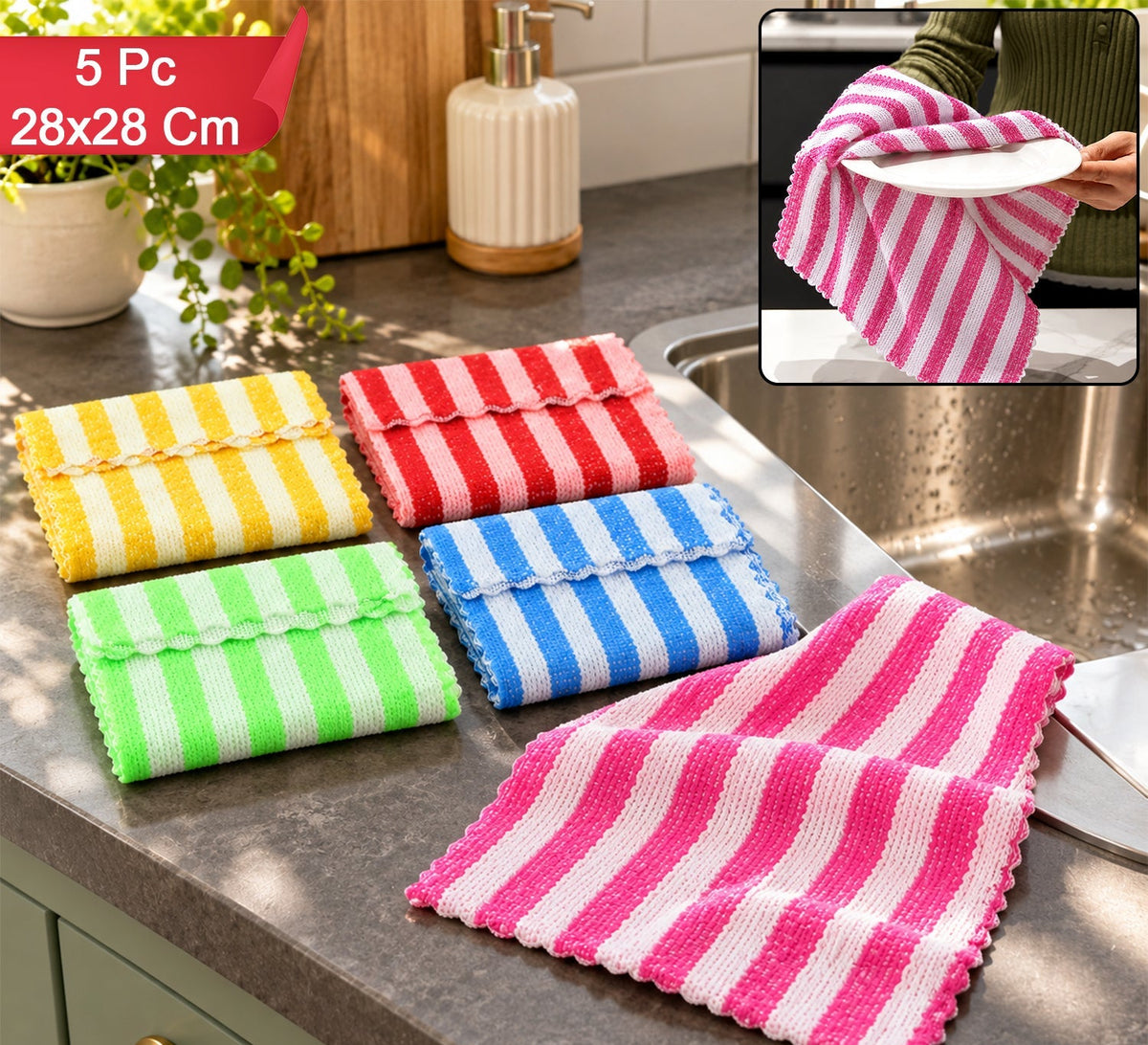 Striped Microfiber Kitchen Cleaning Cloths For Home (5 Pc Set 28x28 Cm)