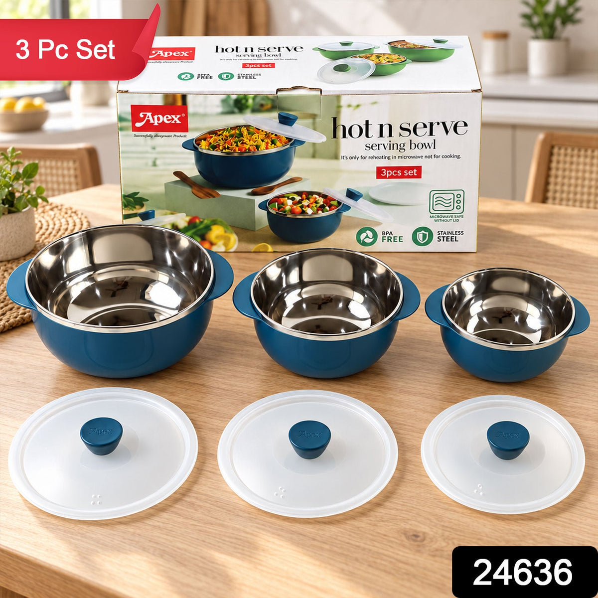 Apex Hot And Serve Serving Bowl Set With Lids Steel Inner Casserole (3 Pc Set)
