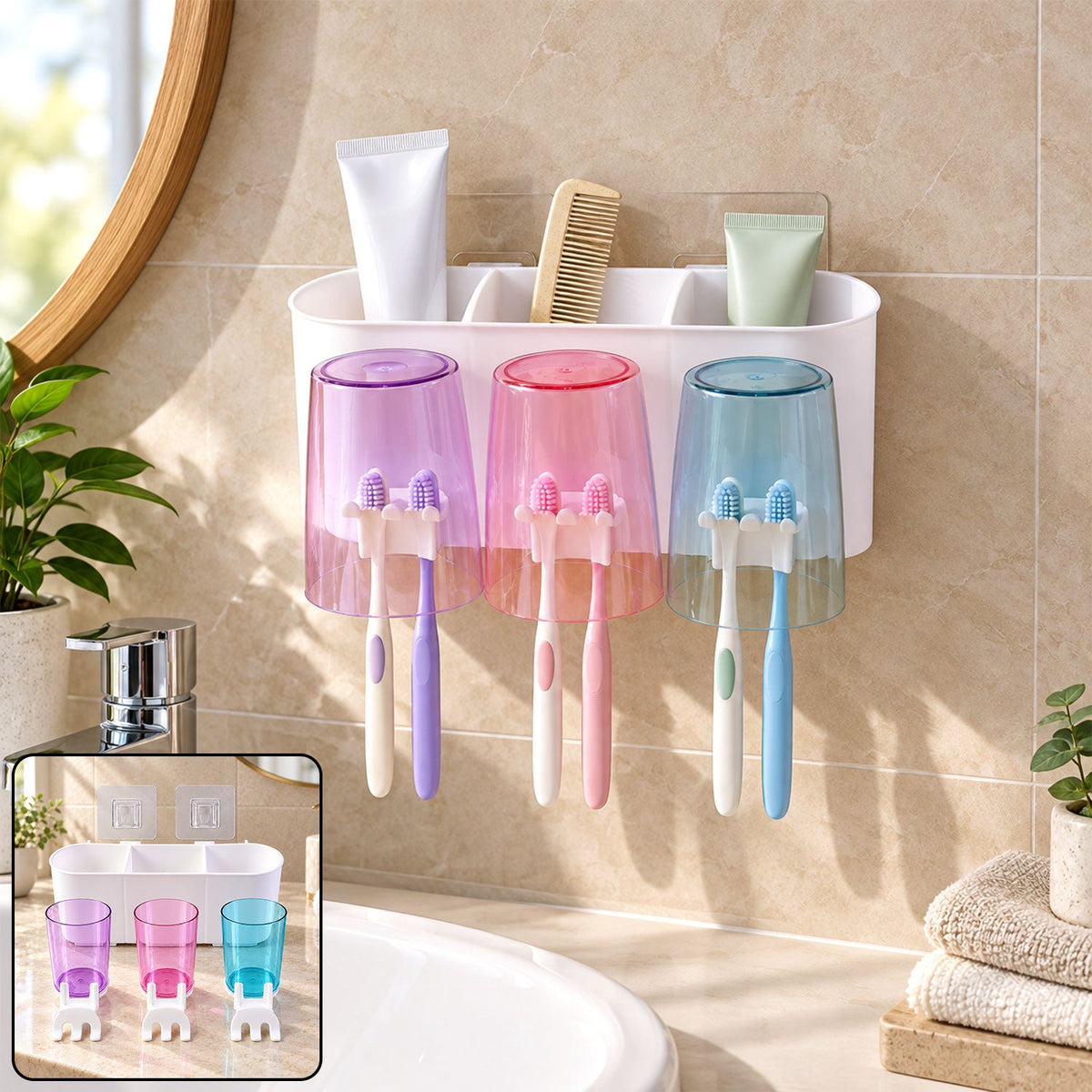 Wall Mounted Toothbrush Holder With 3 Cups And Bathroom Storage (1 Set)