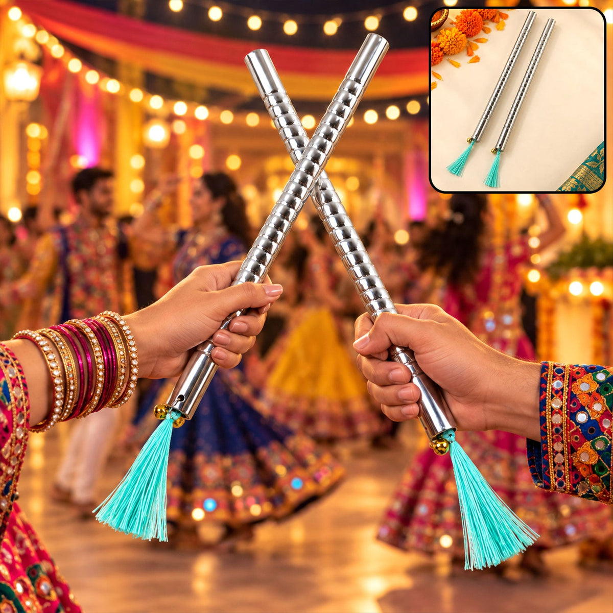 Small Steel Dandiya Stick Pair With Ribbed Grip Tassels And Bell Accents