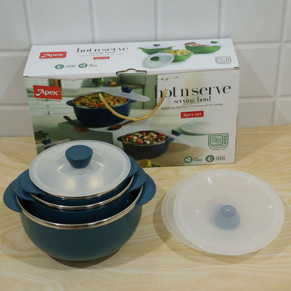 Apex Hot And Serve Serving Bowl Set With Lids Steel Inner Casserole (3 Pc Set)