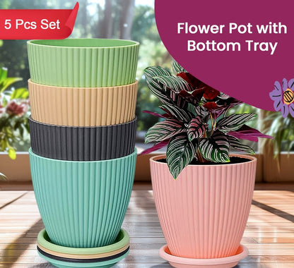 Plastic Flower Pot With Bottom Tray (5 Pcs Set)
