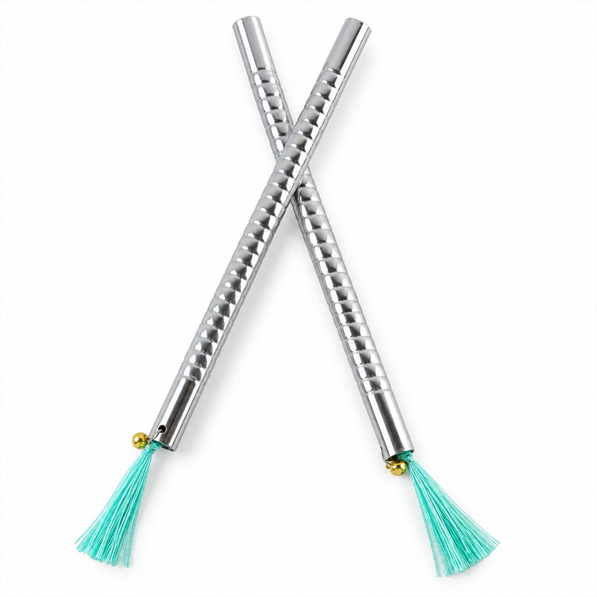 Small Steel Dandiya Stick Pair With Ribbed Grip Tassels And Bell Accents
