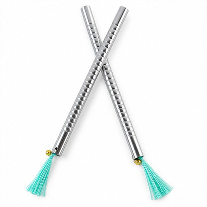 Small Steel Dandiya Stick Pair With Ribbed Grip Tassels And Bell Accents
