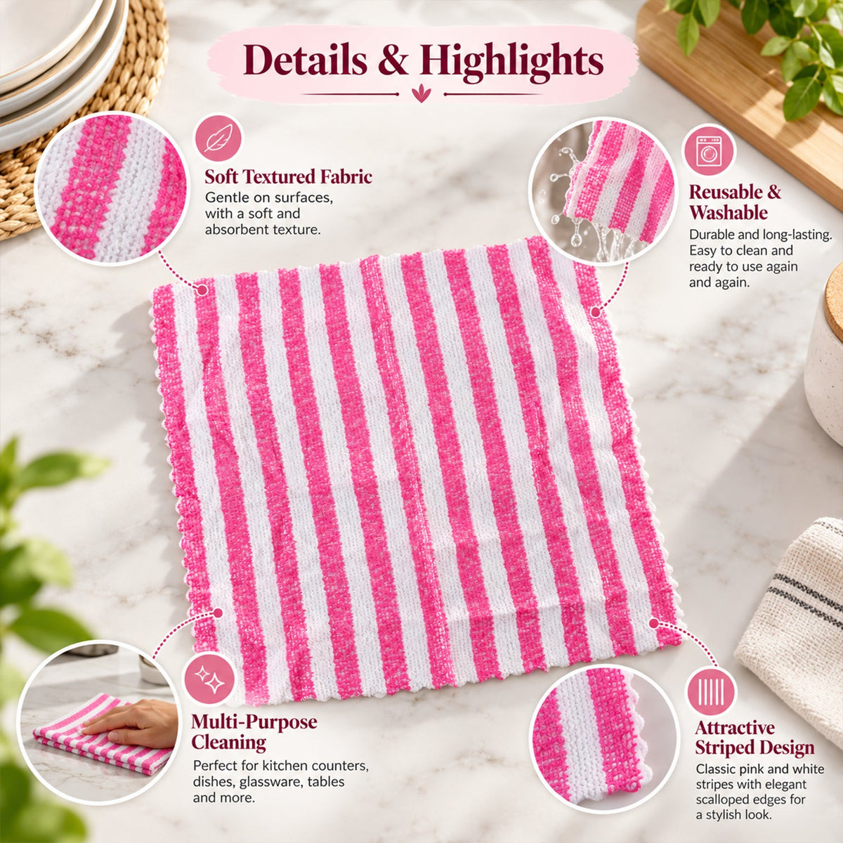 Striped Microfiber Kitchen Cleaning Cloths For Home (5 Pc Set 28x28 Cm)