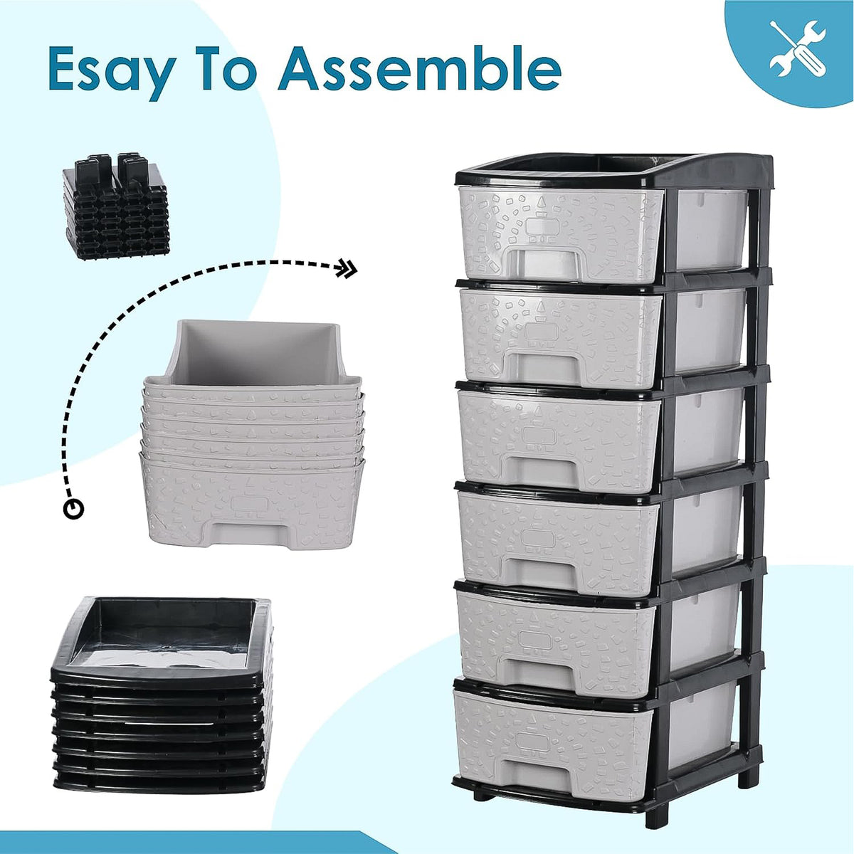 6-layer Heavy-duty Plastic Drawer Organizer Cabinet With Stone Texture Drawers