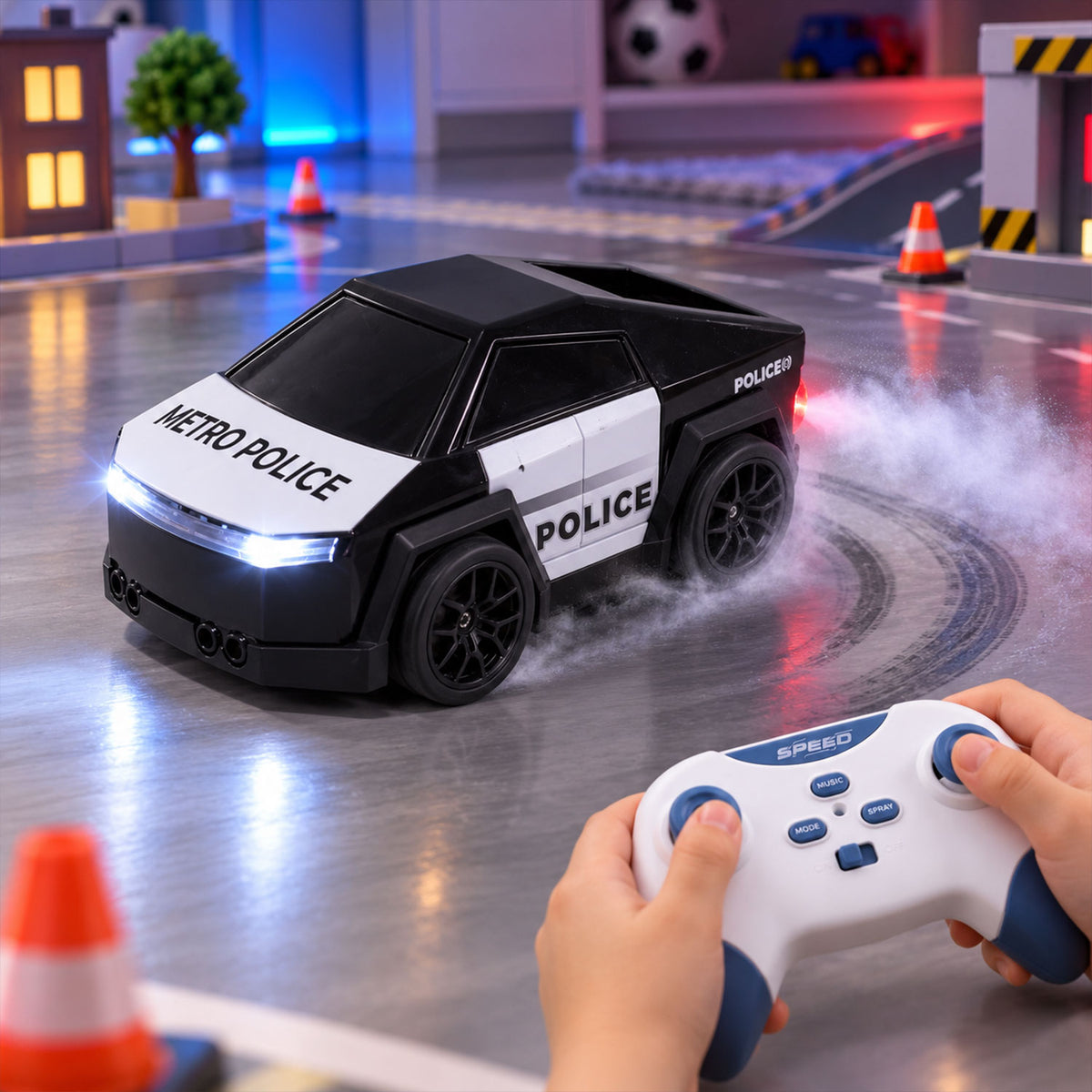 Remote Control Police Drift Car With Follow Modemist Spraylights And Music Set