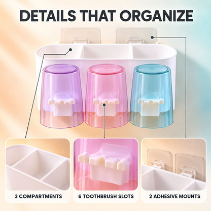Wall Mounted Toothbrush Holder With 3 Cups And Bathroom Storage (1 Set)