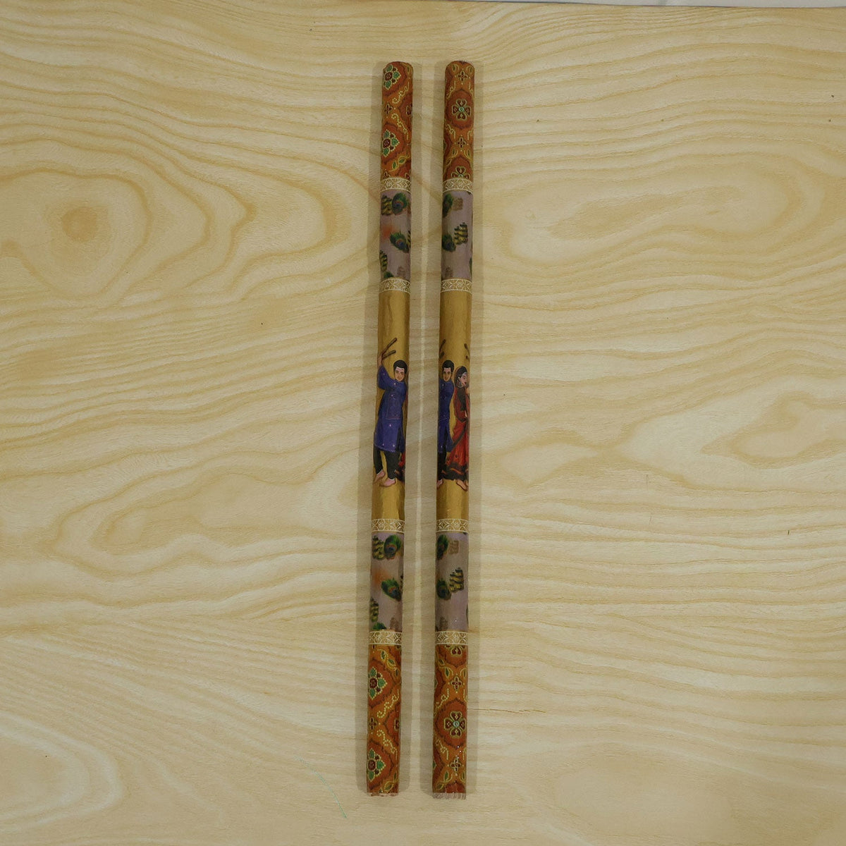 Decorative Wooden Dandiya Stick Pair With Traditional Printed Design