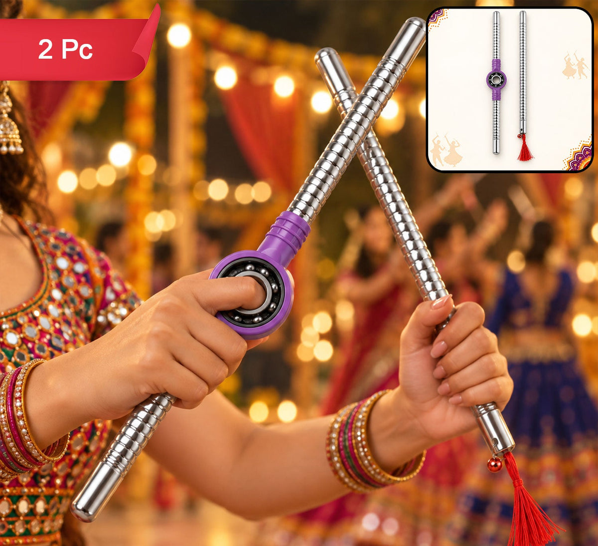 Steel Dandiya Stick Pair With Bearing Center Textured Grip And Tassel
