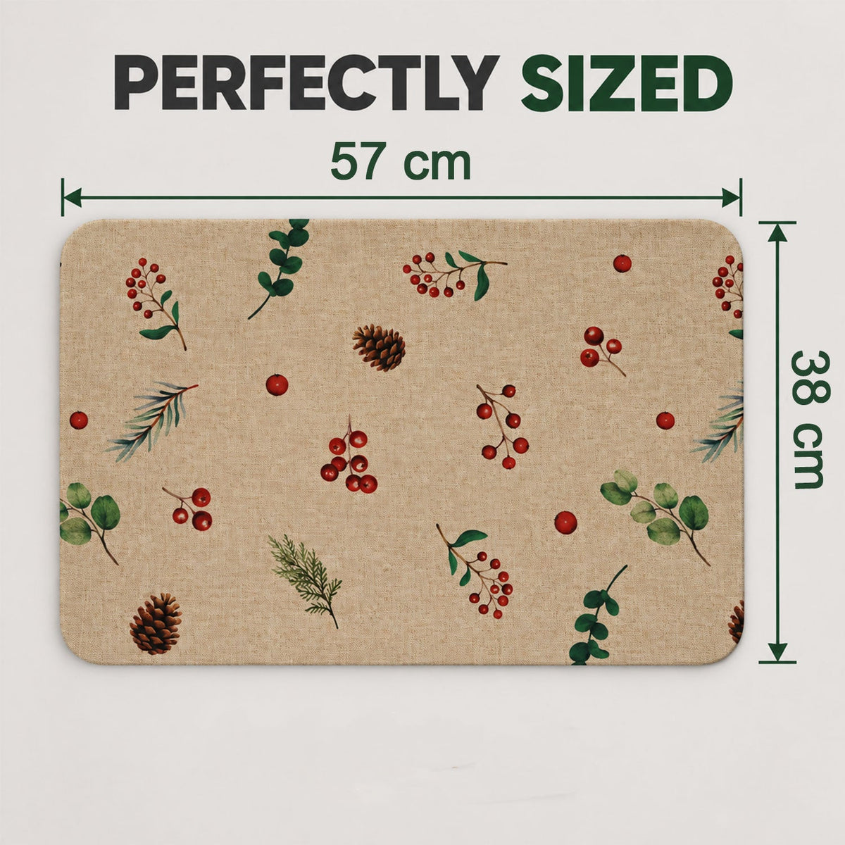 Botanical Berry Print Bath Mat Linen Look Anti-slip Floor Rug (1 Pc 57x38 Cm)