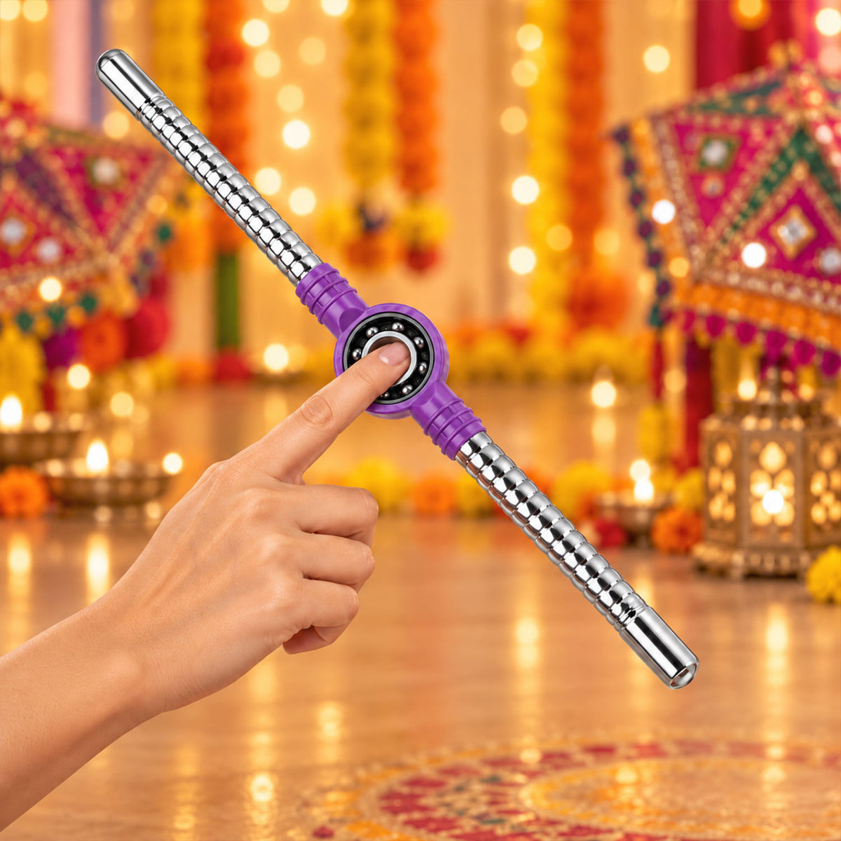 Steel Dandiya Stick Pair With Bearing Center Textured Grip And Tassel