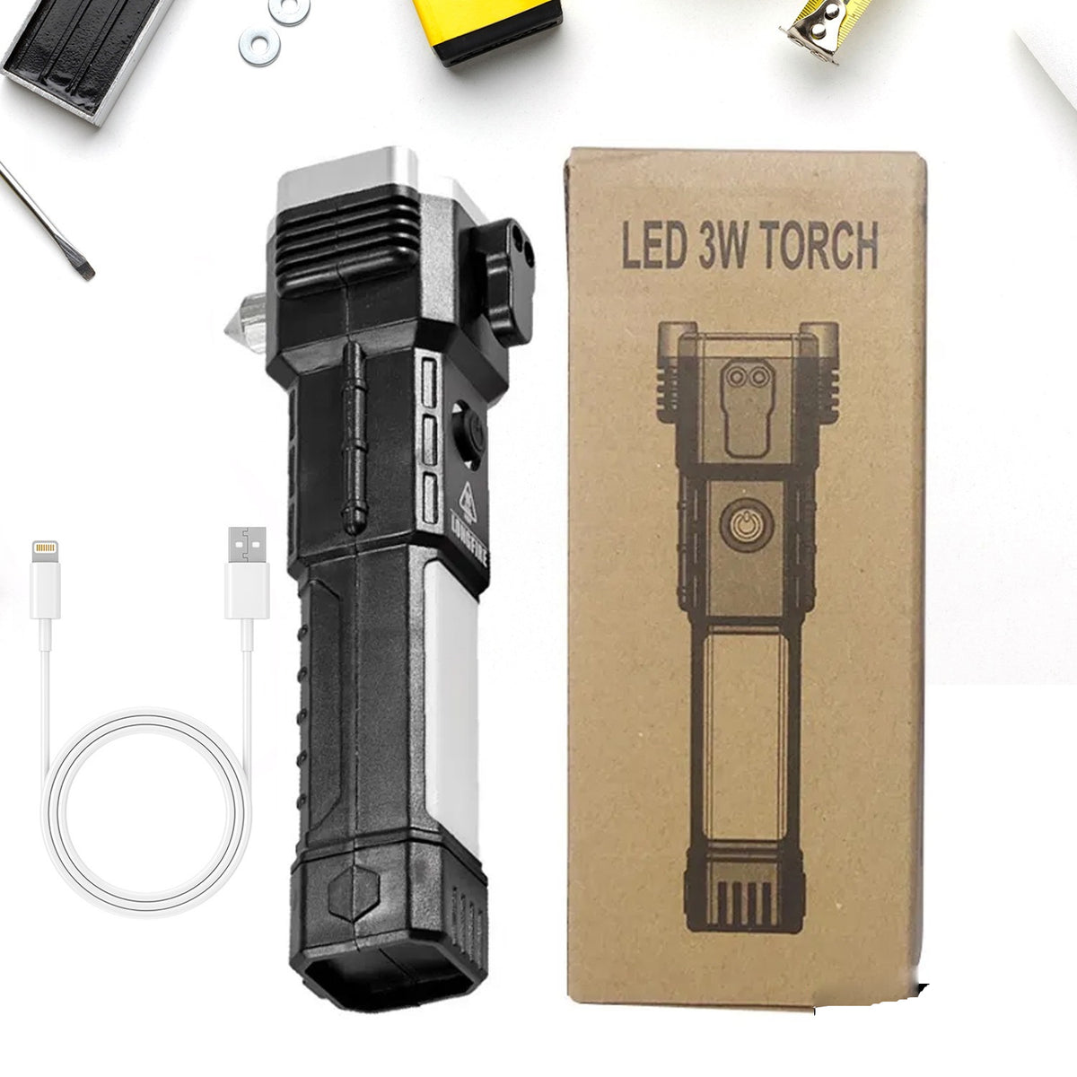 Portable 3w Rechargeable Torch Led Flashlight Long Distance Beam Range Hammer And Strong Magnets Window Glass And Seat Belt Cutter 4 Modes For Car Camping Hiking Indoor Outdoor