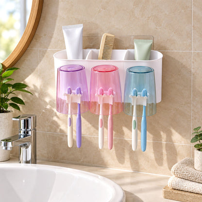 Wall Mounted Toothbrush Holder With 3 Cups And Bathroom Storage (1 Set)