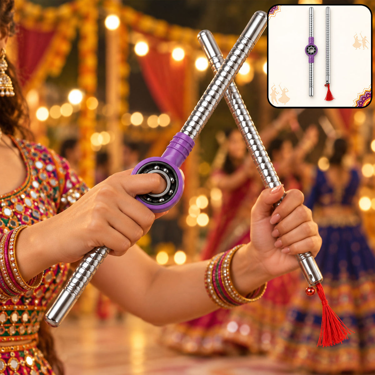 Steel Dandiya Stick Pair With Bearing Center Textured Grip And Tassel