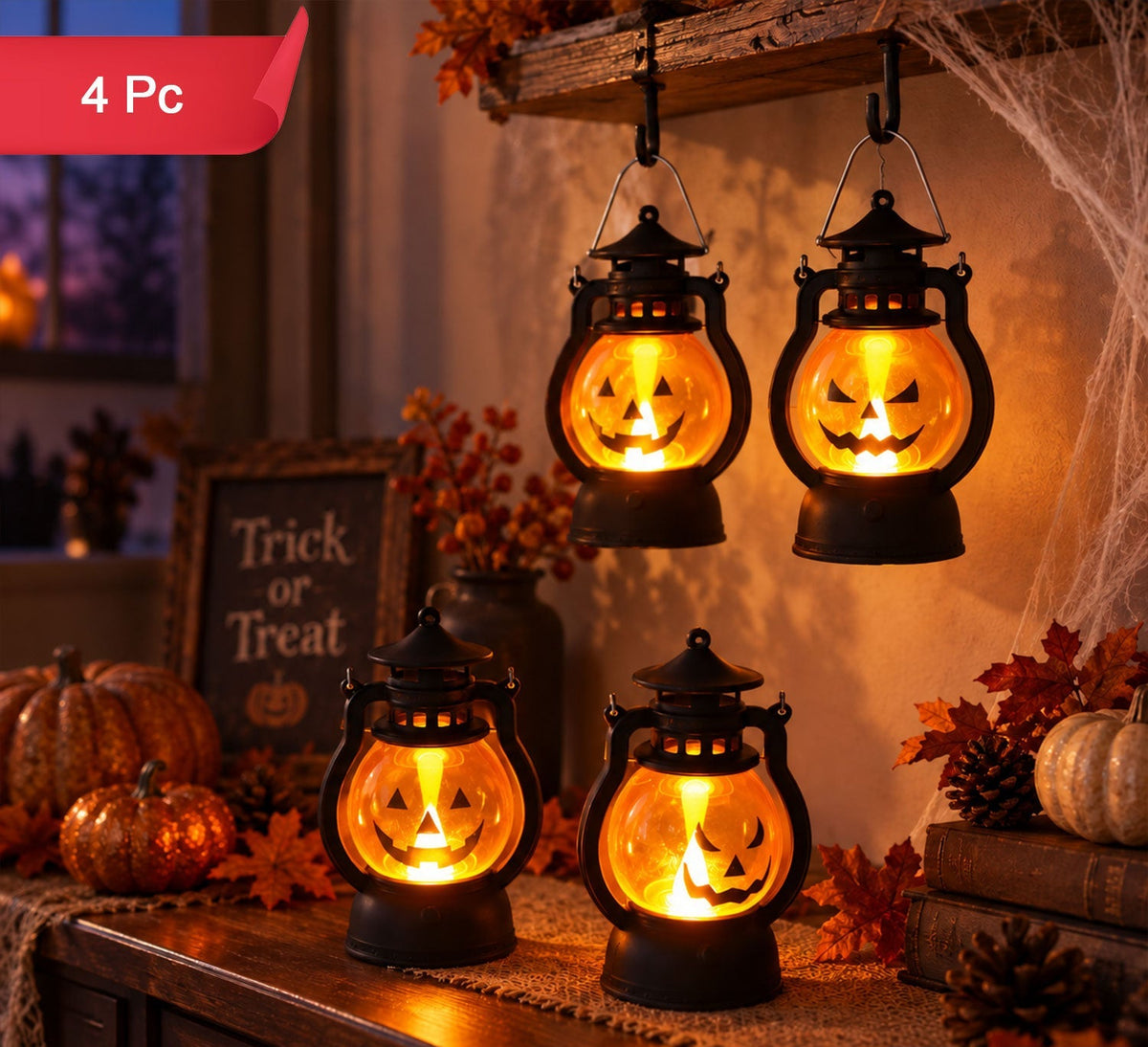 Mini Hanging Halloween Pumpkin Led Lantern Candles (4 Pc Set)